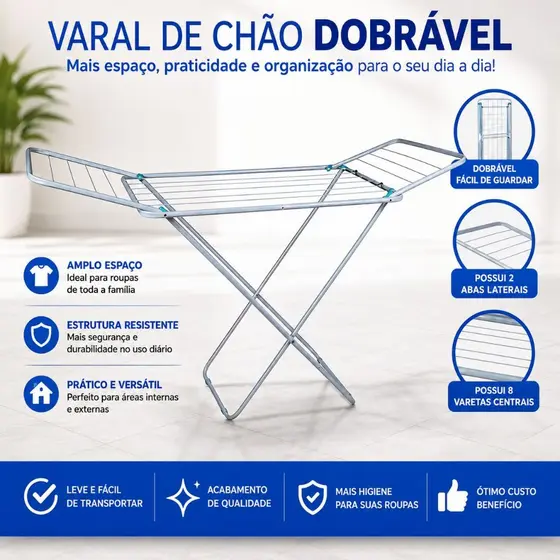Varal de Chão Slim com abas dobráveis resistentes e compactas portátil design moderno