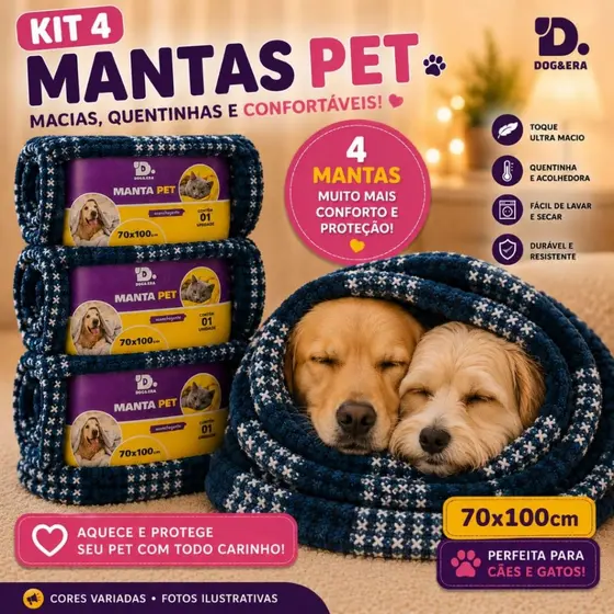kit 4 Manta Pet Para Cachorro e Gato  Cobertor Super Macia 70x100cm