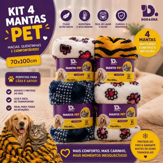 Kit 4 Manta Pet Cachorro e Gato 70x100 Quentinha Macia Inverno