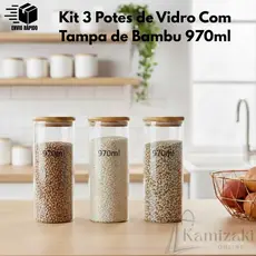 Kit 3 Potes Vidro 970ml Tampa Bambu: Organize Mantimentos na Cozinha para quem busca Praticidade e Estilo em sua Casa.