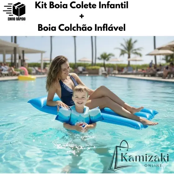 Kit Boia Colchão Inflável + Boia Colete Infantil P/ Diversão e Segurança de Crianças e Adultos em Piscina Praia e Verão