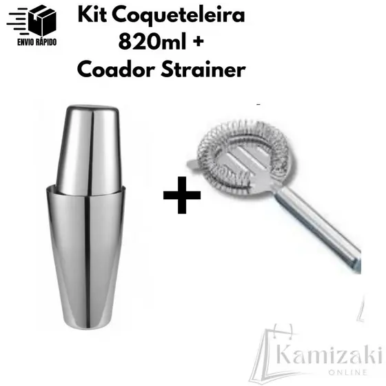 Kit Coqueteleira 820ml com Coador Strainer 15cm Para Coquetéis Para Amantes de Drinks Uso em Casa e Área Gourmet Inox