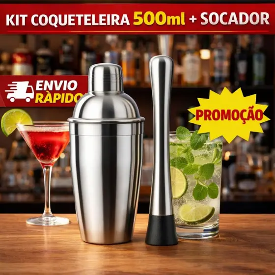 Kit Coqueteleira 500ml + Socador 21cm Inox Para Drinks Caipirinha Mojito Bartender
