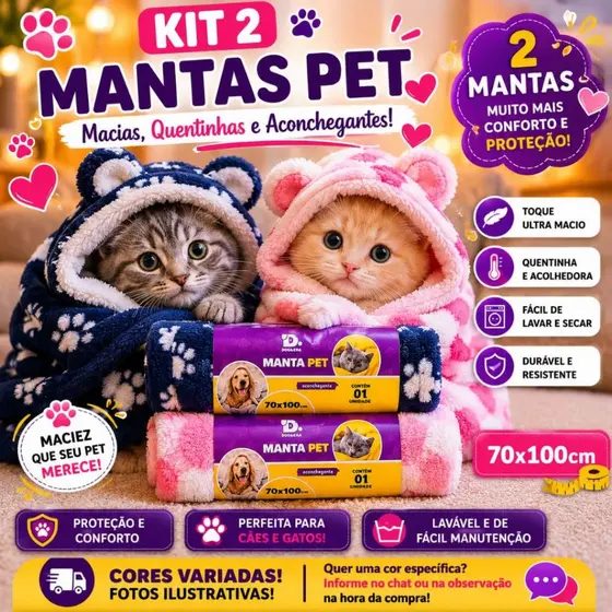 2 Kit Cobertor Manta Pet Para Cachorro e Gato Super Macia 70x100cm