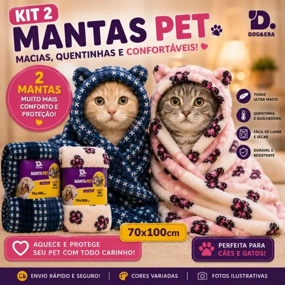 Kit 2 Cobertor Manta Pet Cachorro e Gato 70x100 Quentinha Macia Inverno