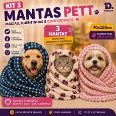 Kit 3 Manta Cobertor Pet Inverno Poliéster 70x100cm