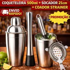 Kit Drink 3 Peças Coqueteleira 500ml Socador Coador Strainer Inox Para Caipirinha