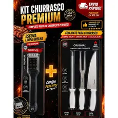 Kit Churrasco 4 Peças Faca Garfo Chaira Escova Limpa Grelha Aço Inox Profissional Envio Rápido