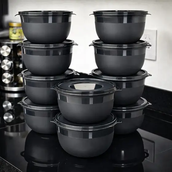 Kit 10 Bowl Preto 1300ml com Tampa Potes GL MIX - Reforçados Cozinha Alimentos e Marmitas Congelador