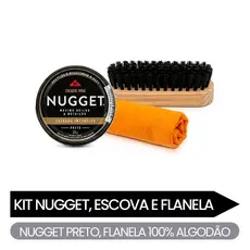Kit Limpeza de Sapato Couro Escova + Cera Preta Nugget + Flanela