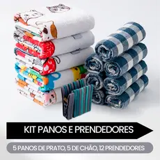 Kit Pano de Prato Teka + Pano de Chão Xadrez + Prendedores de Roupa