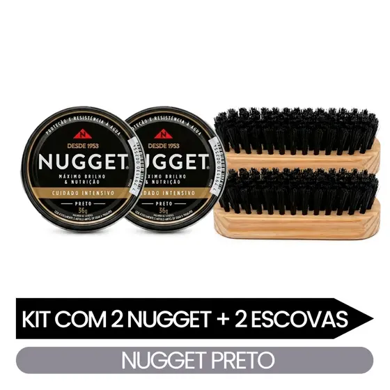 Kit Limpeza Sapatos 2 Escova + 2 Ceras Nugget Preta ou Marrom Brilho Calçados