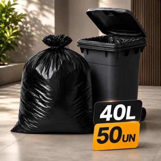 Saco de Lixo 40 Litros Preto Reforçado com 50 Unidades Resistente para Cozinha