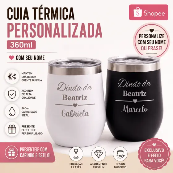 Kit 2 Copos Inox Cuia Térmicos com Tampa- Personalizados com Nome- Logo -Frase