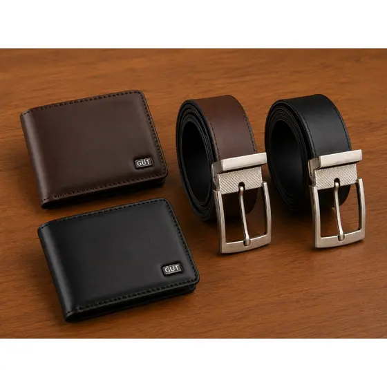 Kit Carteira Masculina + Cinto Social Couro Sintético Elegante Preto e Marrom