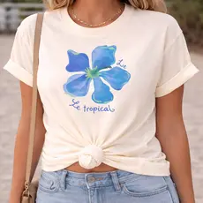 Camiseta Feminina Estampada Flor Azul Tropical Le Tropical Tumblr Casual Algodão Confortável T-Shirt Feminina