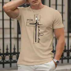 Camiseta Religiosa Casual de Gola Redonda Masculina Estampa Fé Cruz Street Malha Respirável
