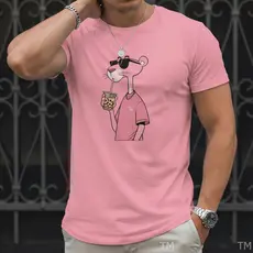 Camiseta Básica Casual de Gola Redonda Masculina Estampa Pantera Rosa Street Malha Respirável