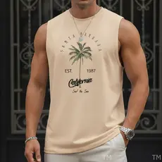 Regata Estilosa Casual Gola Redonda Masculina Estampada Coqueiro Academia Street Algodão Respirável