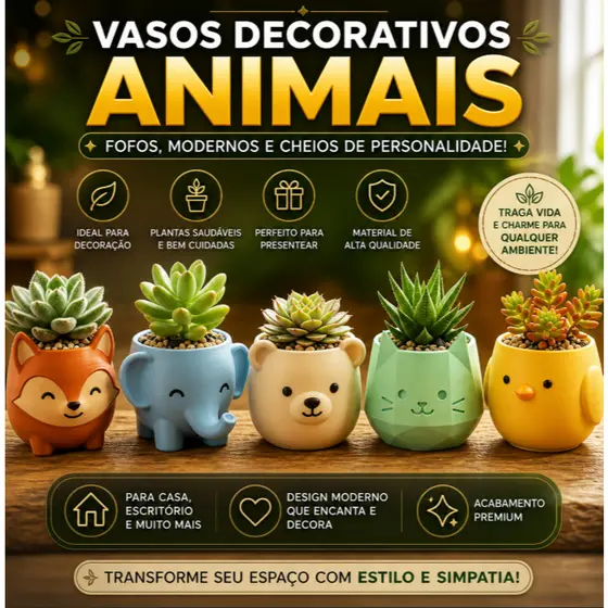Vaso Animal Fofo para Suculentas | Vasinhos Decorativos Cute Kawaii | Raposa, Elefante, Urso, Gato e Pássaro, e outros
