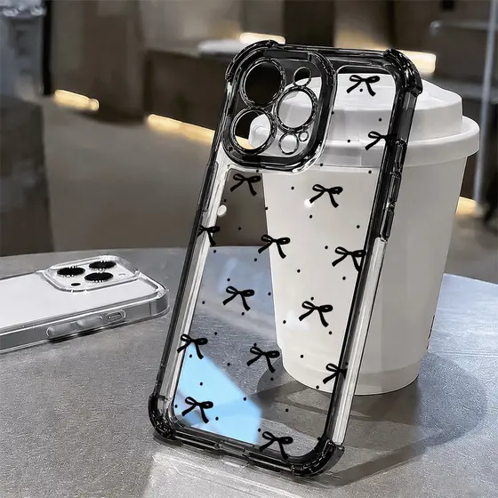 Transparente Cristal Capa De Celular Para IPhone 17 16 15 14 13 12 11 Pro Max Plus Laço Preto Capinha