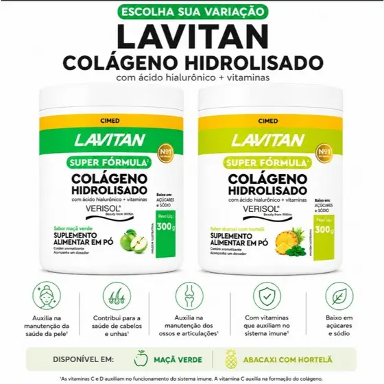 Lavitan Colágeno Hidrolisado 300g Cimed com Ácido Hialurônico e Vitaminas | Sabores Maçã Verde e Abacaxi