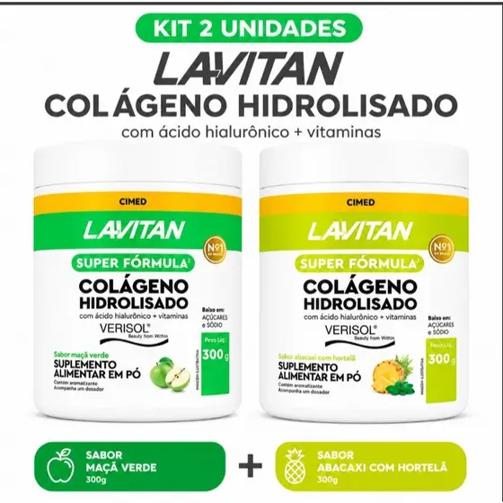 Kit 2x Lavitan Colágeno Hidrolisado 300g Cimed com Ácido Hialurônico e Vitaminas | Maçã Verde + Abacaxi Hortelã