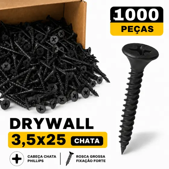 Parafuso Drywall 3,5x25 Ponta Agulha Preto – Kit 1000 500 100 Un – Fixação Rápida Profissional