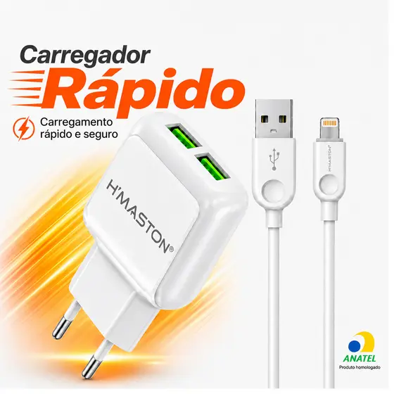 Carregador Rápido 2 USB com Cabo Carregamento Rápido Portátil Universal para Android iPhone H'Maston Y29-1