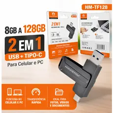 Pen Drive 2 em 1 USB e Tipo C OTG 8GB 16GB 32GB 64GB 128GB para Celular PC Notebook H'Maston HM-TF128 USB 3.0