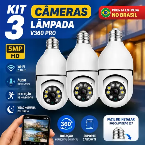 Câmera de Segurança WIFI Sem Fio 360° Visão Noturna com Microfone e Alto-falante v360pro 8177