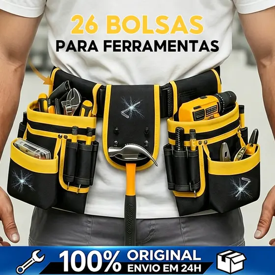 Cinto bolsa de ferramentas profissional resistente com ímã, 26 bolsos ajustável para eletricista e carpinteiro