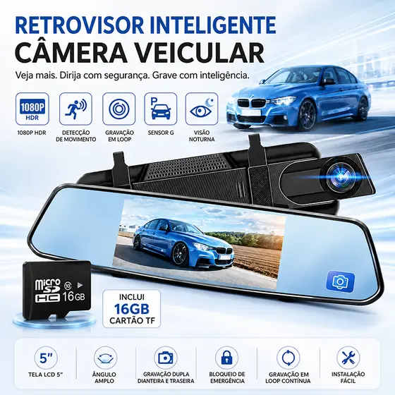 Câmera Espelho 5 polegada Retrovisor Dash Cam para Frente e Trás Ré/Frontal 1080p Infravermelho