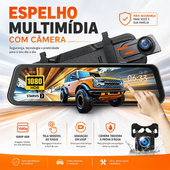 Câmera Veicular DVR 10” Retrovisor Dash Cam para Frente e Trás Ré/Frontal 1080p Infravermelho