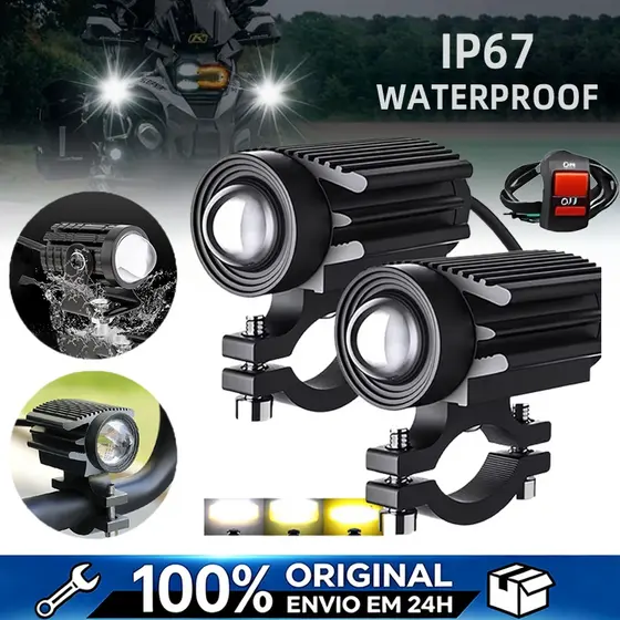 Par Farol Milha Moto Led Auxiliar 90W 10000LM Neblina Lampada Farol Alta qualidade Olho de Lente Auxiliar De Cor Dupla
