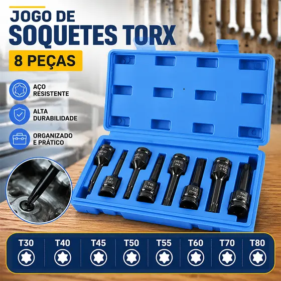 Kit Jogo Soquete Impacto Torx 30 À 70 - 1/2'' 8 Pieces T30 T40 T45 T50 T55 T60 T70 T80