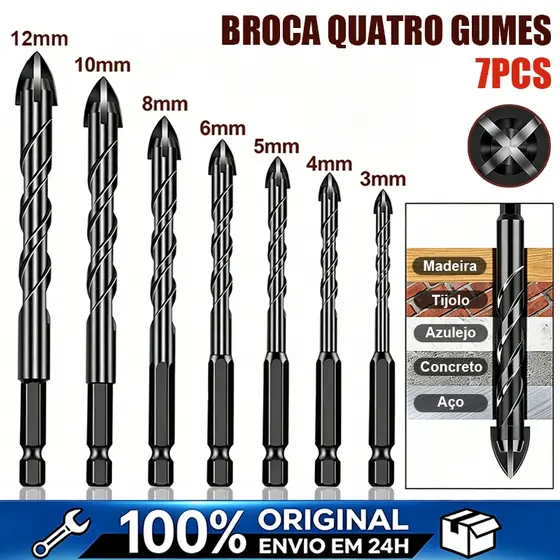 Kit Broca 7 Peças 4 Pontas Diamantada para Furar Porcelana, Concreto, Vidro e Cerâmica 3-12mm