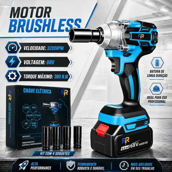 Chave de Impacto Elétrica Sem Fio Com 68V Bateria  Motor Brushless 4 Pecas Soquetes