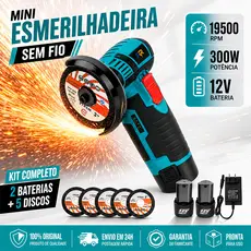 Mini Esmerilhadeira Angular Sem Fio 12V com 2 Baterias e 5 Discos