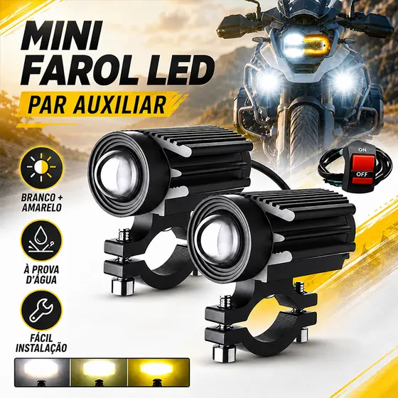 Par Farol Auxiliar LED 90W 10000LM Moto Luz Branca Amarela Com Suporte Interruptor Universal