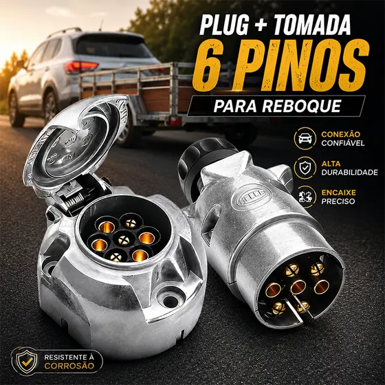Kit Tomada Macho e Fêmea para Reboque/Carretinha - 6 Pinos - Conector Elétrico para Engate Cromado