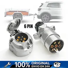 Kit Tomada Macho e Fêmea para Reboque/Carretinha - 6 Pinos - Conector Elétrico para Engate Cromado