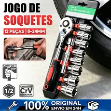 Jogo de Soquete Sextavado 8 a 24mm 1/2" Catraca Reversível Aço CRV 12 Peças