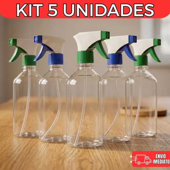 Kit 5 Borrifadores 500ml Profissional Gatilho Spray Reforçado Atacado Frasco PET Transparente Multiuso P/ Limpeza Planta