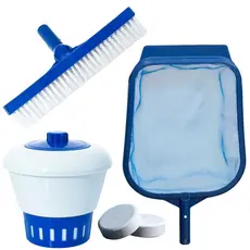 Kit Limpeza Piscina Clorador + Peneira + Escova + 1 pastilha de cloro 200g Piscinas Fibra Alvenaria