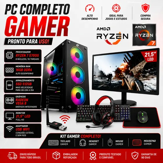 Pc Completo Gamer Ryzen 7 5700g Ssd 512gb 2x8gb 3200MHZ Monitor 21,5'' - Kit Gamer: Teclado, Mouse e Headset
