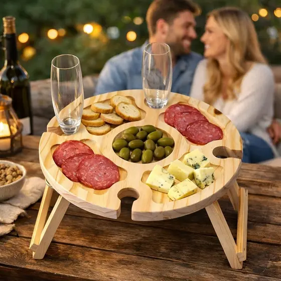Petisqueira de Madeira com 5 Divisórias Tábua de Frios para Queijos Aperitivos com Suporte para Taças
