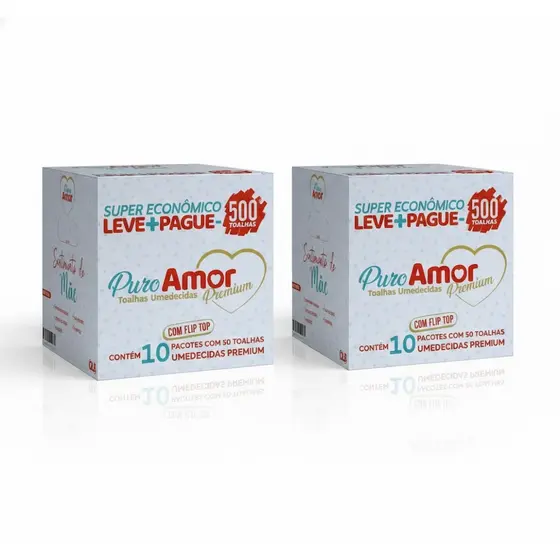 2 CAIXAS BOX COM 1000 LENÇOS OU TOALHAS UMEDECIDAS PURO AMOR PREMIUM 20 PCT 50 LENÇOS COM FLIP-TOP