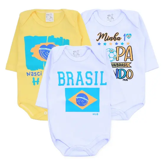 Body Bebe Brasil Primeira Copa Temático Mêsversario Copa do Mundo - Body Manga Longa Seleção Brasileira Menino Menina