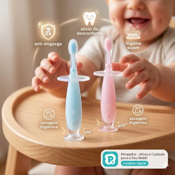 Mordedor Massageador Gengiva com Ventosa Cerdas de Silicone Higienizar Bebê Infantil Rosa ou Azul Unissex